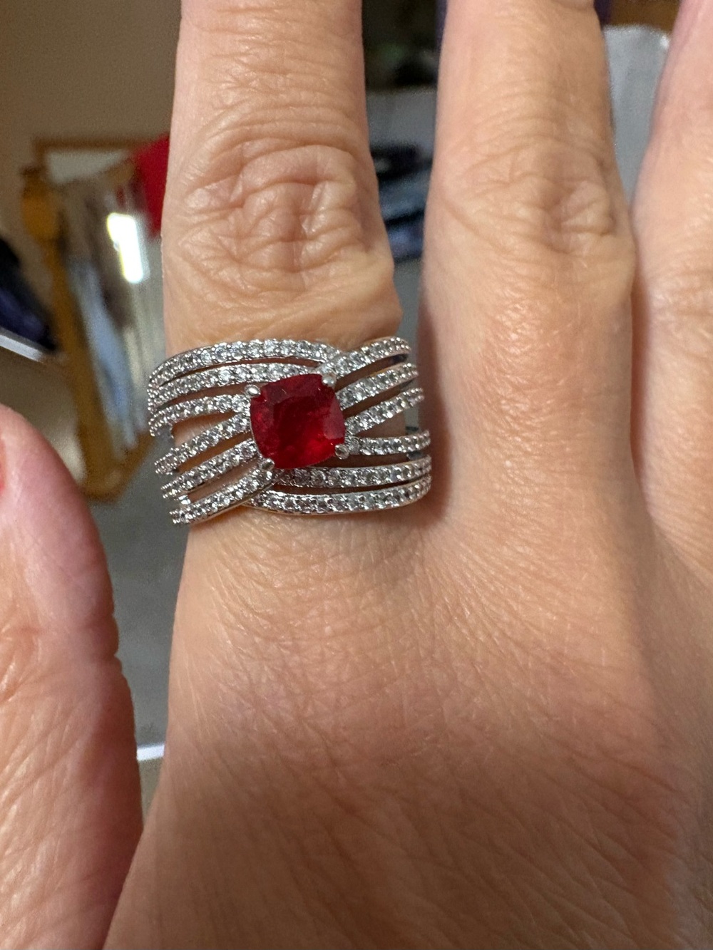 Bp- rhodium & red stone- SIZE 9- NO BAG OR TAG